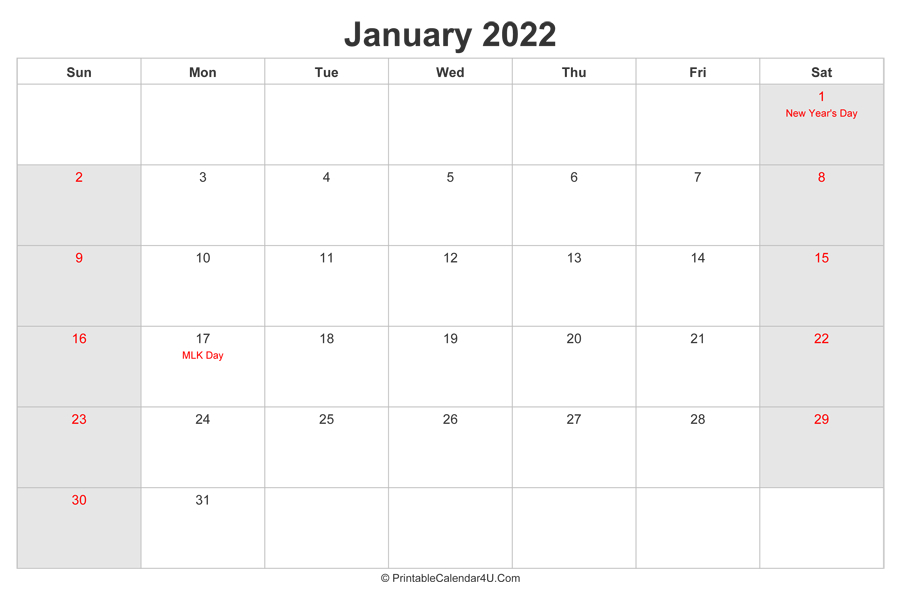 January 2022 Calendar With Us Holidays Highlighted  How Many Weeks From April 2022 To March 2022