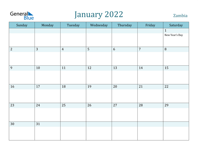 January 2022 Calendar - Zambia  Calendar 2022 Zambia Download
