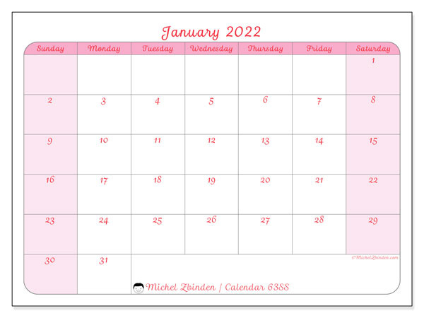 January 2022 Calendars &quot;Sunday - Saturday&quot; - Michel Zbinden En  2022 Calendar Printable Saturday Start