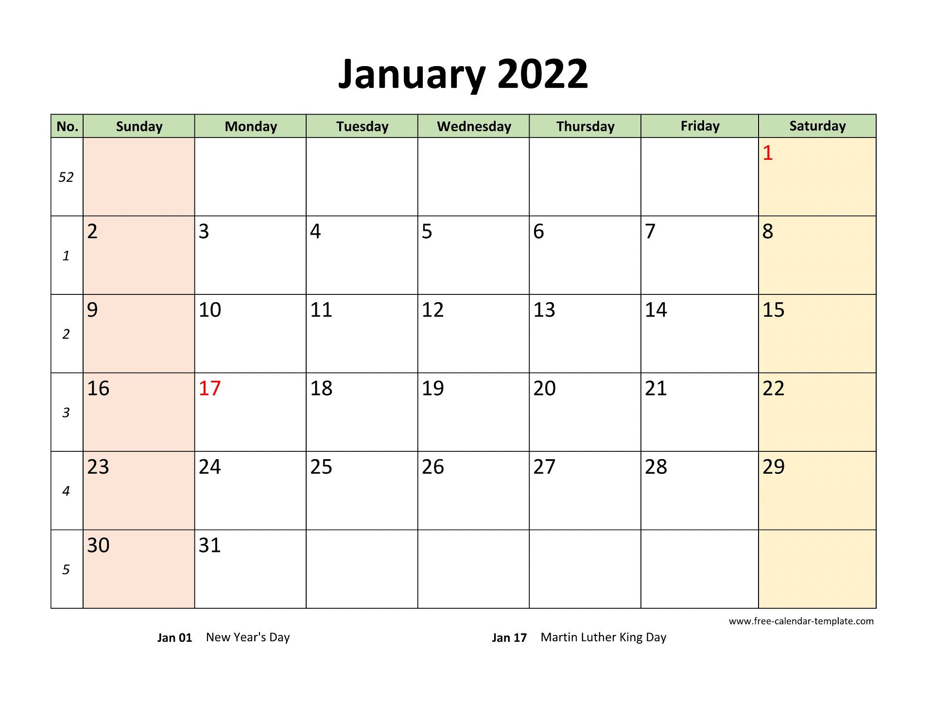 January 2022 Free Calendar Tempplate | Free-Calendar  Free Writable Calendar Template 2022