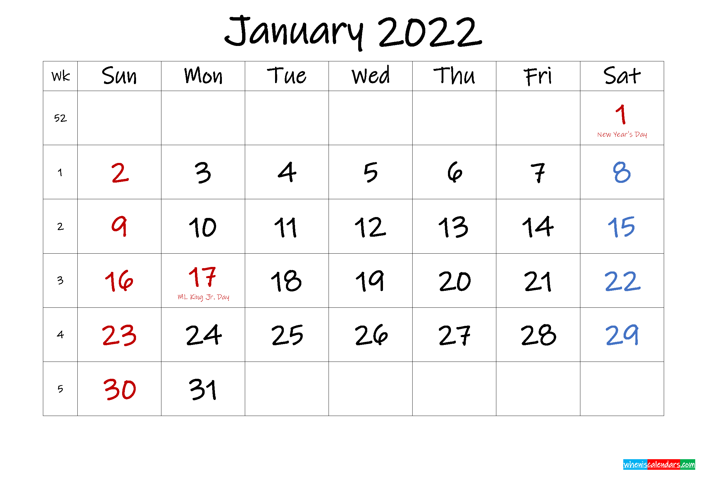 January 2022 Free Printable Calendar With Holidays  A Calendar For 2022