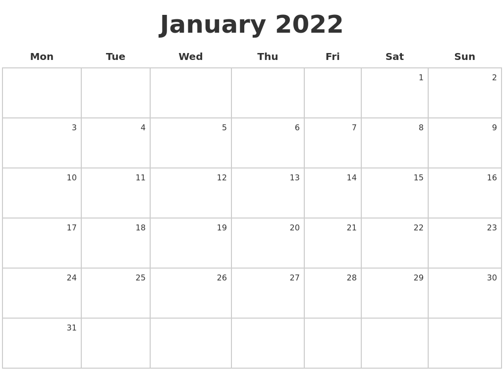 January 2022 Make A Calendar  December 2022 To January 2022 Calendar