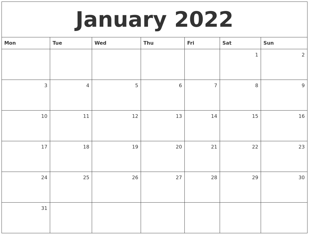 January 2022 Monthly Calendar  December 2022 Calendar And January 2022 Calendar
