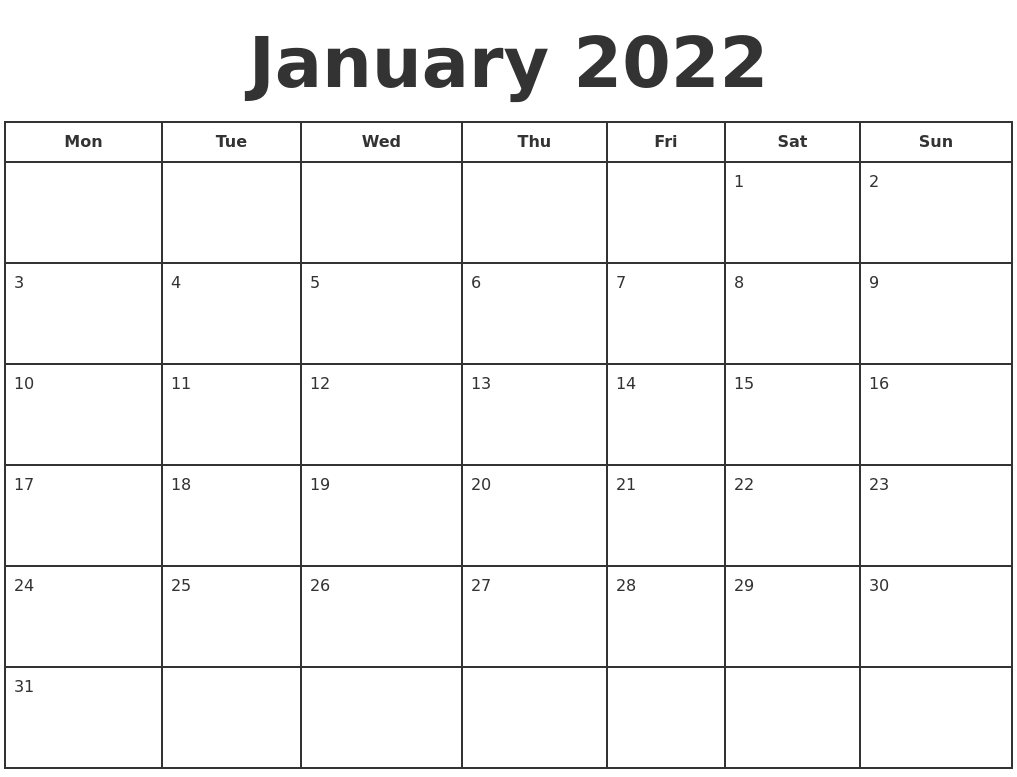 January 2022 Print A Calendar  Blank December 2022 And January 2022 Calendar