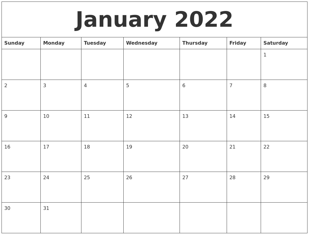 January 2022 Print Monthly Calendar  Free Printable Calendar 2022 Quarterly