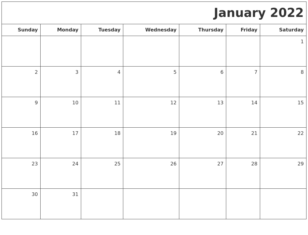 January 2022 Printable Blank Calendar  Dec Jan Calendar 2022