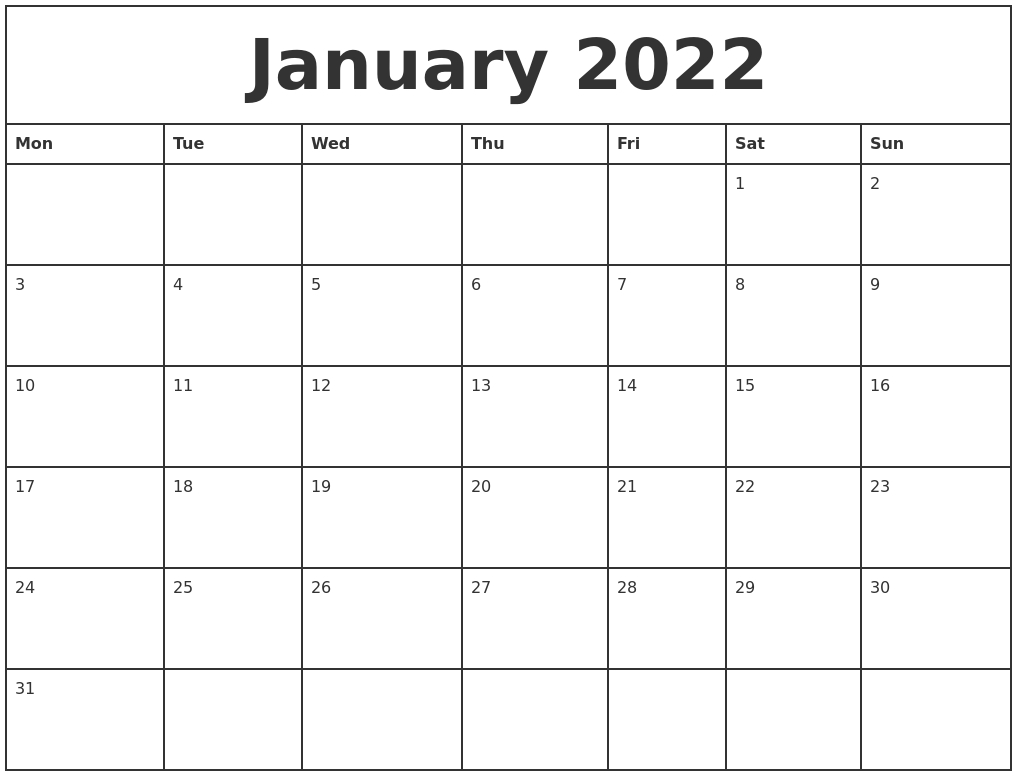 January 2022 Printable Monthly Calendar  December 2022 And January 2022 Calendar Word