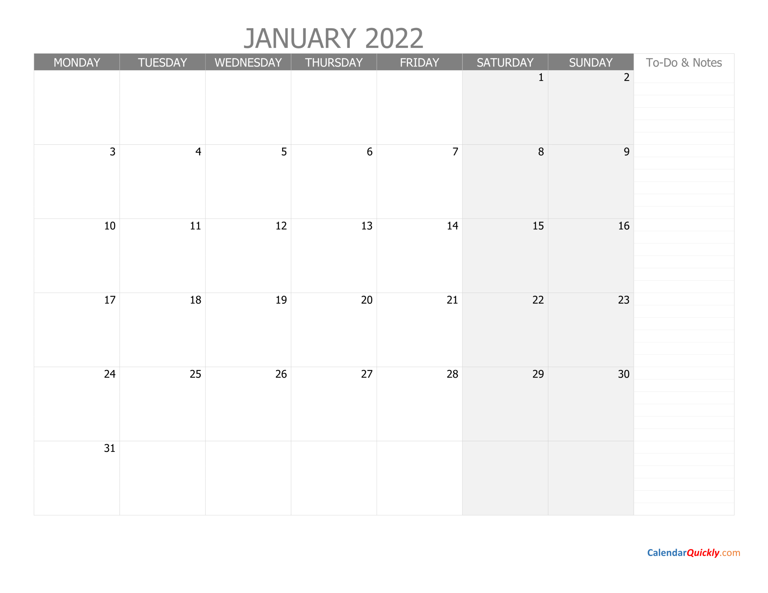 January Monday Calendar 2022 With Notes | Calendar Quickly  Free Printable Calendar 2022 With Notes