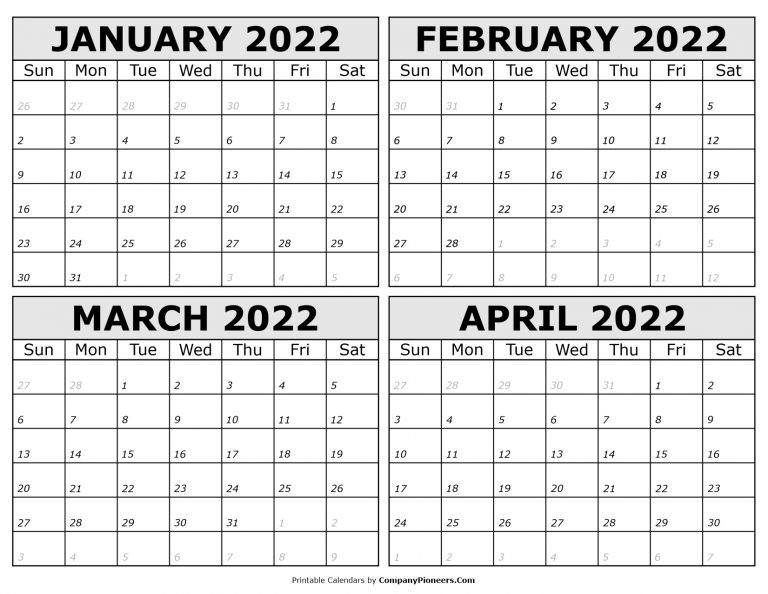 January To April 2022 Calendar Printable - Template  Iitm Calendar Jan-May 2022