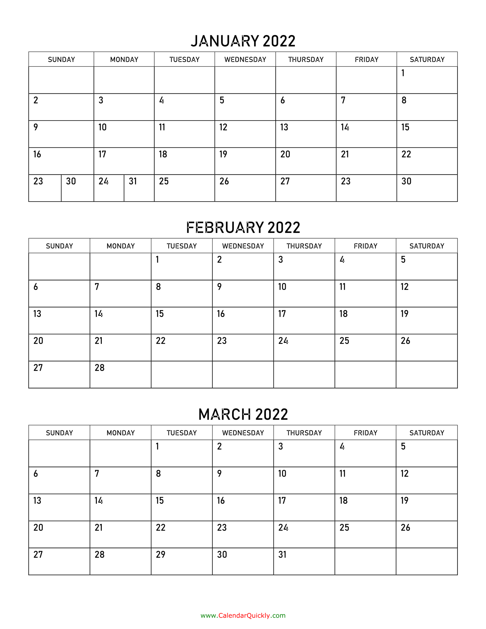 January To March 2022 Calendar | Calendar Quickly  January To April 2022 Calendar Printable