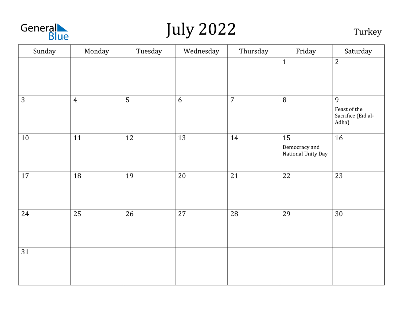 July 2022 Calendar - Turkey  2022 Calendar Philippines With Holidays Printable