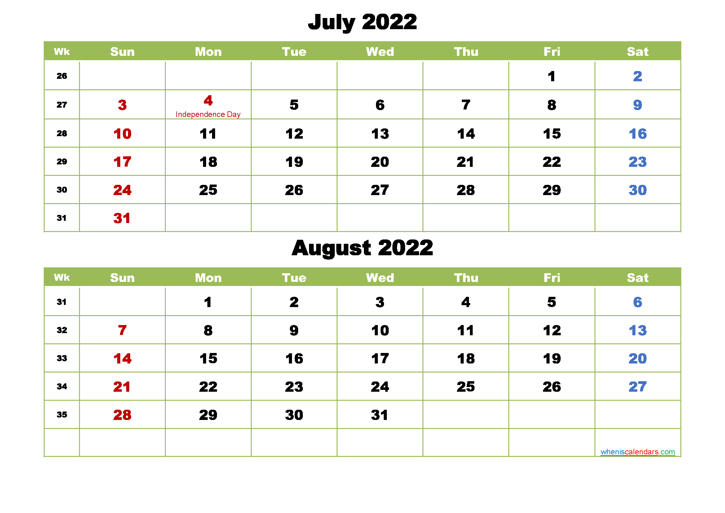 July And August 2022 Calendar With Holidays  August 2022 To July 2022 Calendar Printable