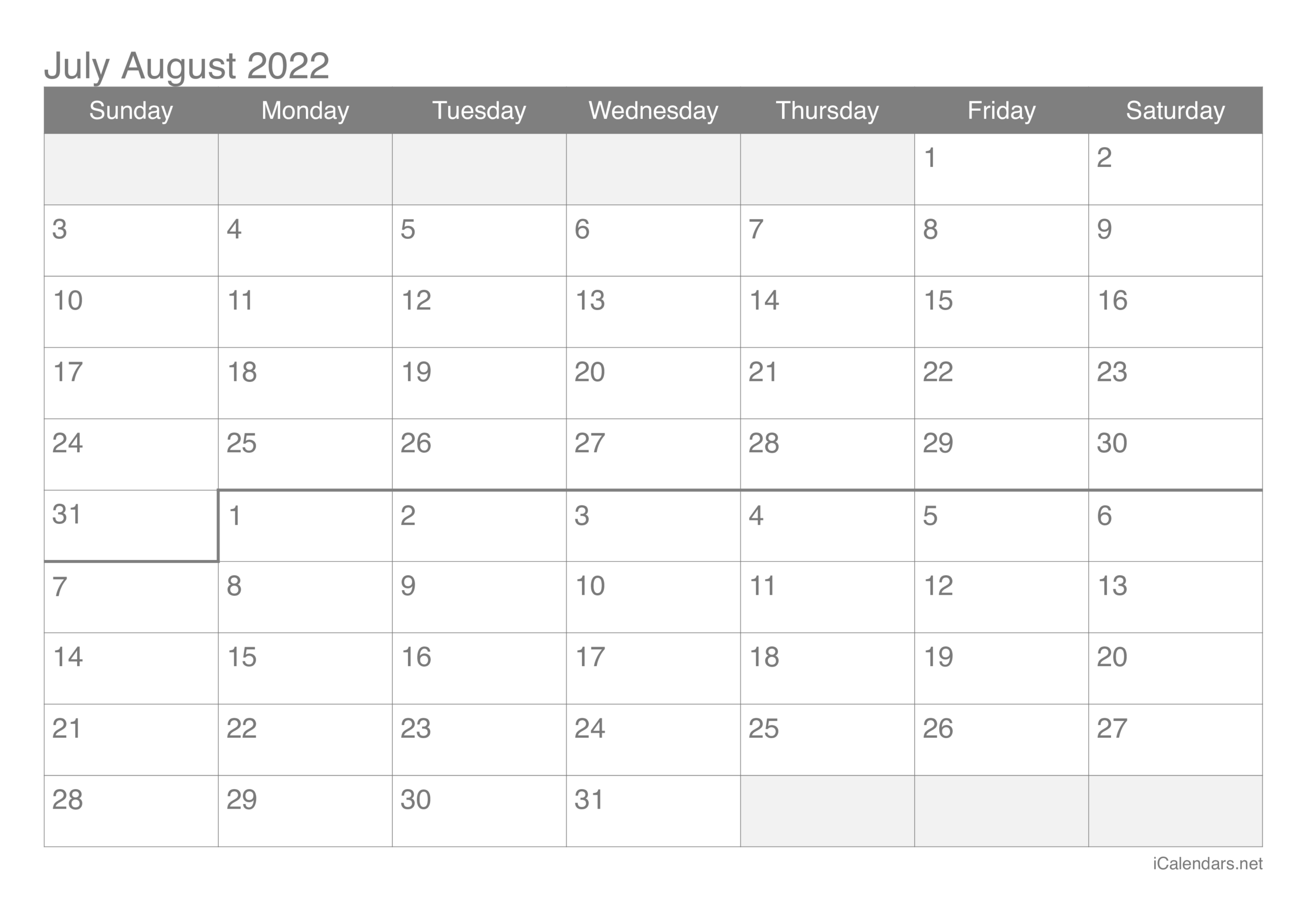 July And August 2022 Printable Calendar - Icalendars  Moon Calendar 2022 California