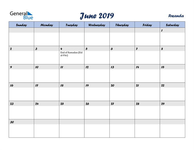 June 2019 Calendar - Rwanda  Calendar 2022 Rwanda