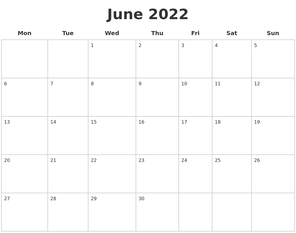 June 2022 Blank Calendar Pages  Jan To June 2022 Calendar