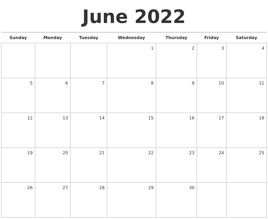 June 2022 Blank Monthly Calendar  2022 Calendar January To June