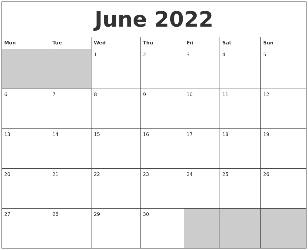 June 2022 Blank Printable Calendar  Free Printable Calendar July 2022 To June 2022