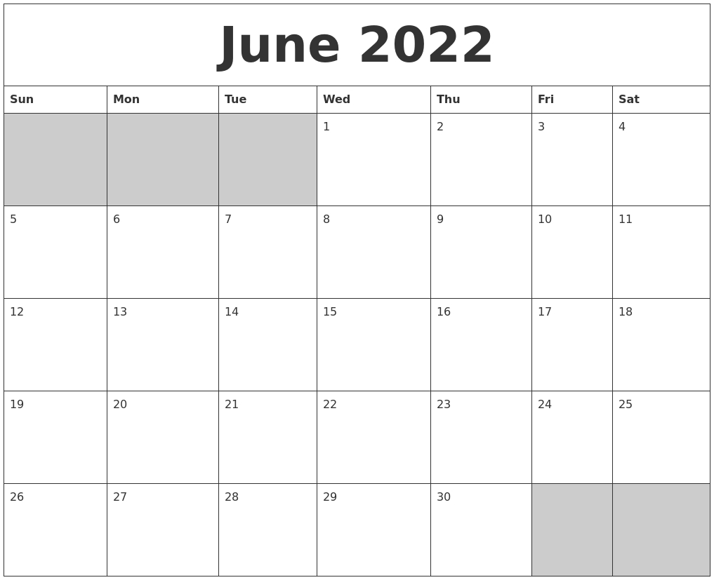 June 2022 Blank Printable Calendar  June 2022 Printable Calendar