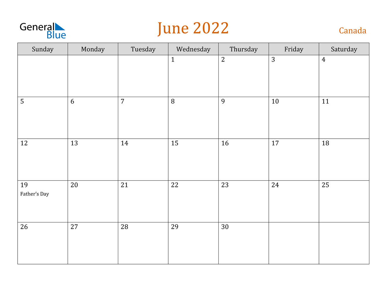 June 2022 Calendar - Canada  Calendar For 2022 June