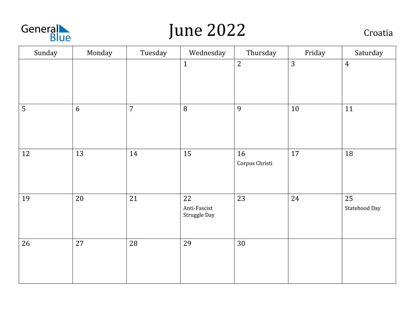 June 2022 Calendar - Croatia  2022 Calendar Printable January To June