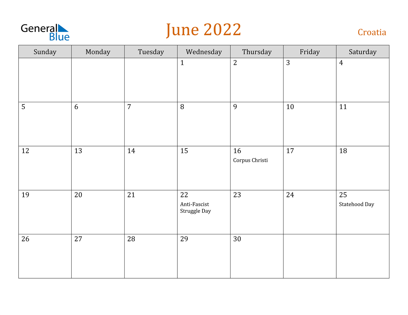 June 2022 Calendar - Croatia  Calendar Jan To June 2022