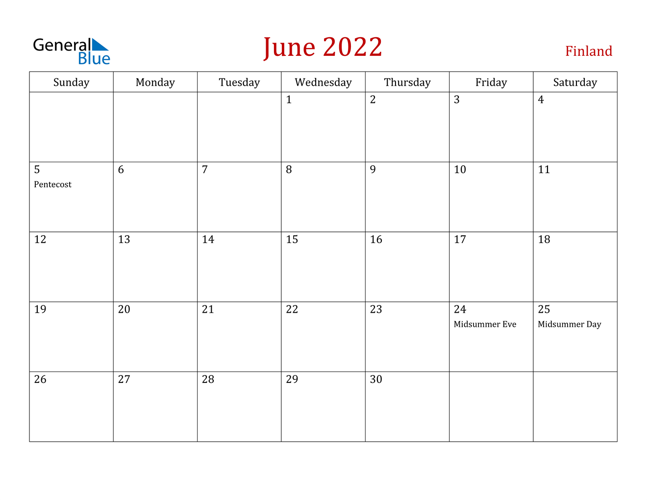 June 2022 Calendar - Finland  Free Calendar Template June 2022