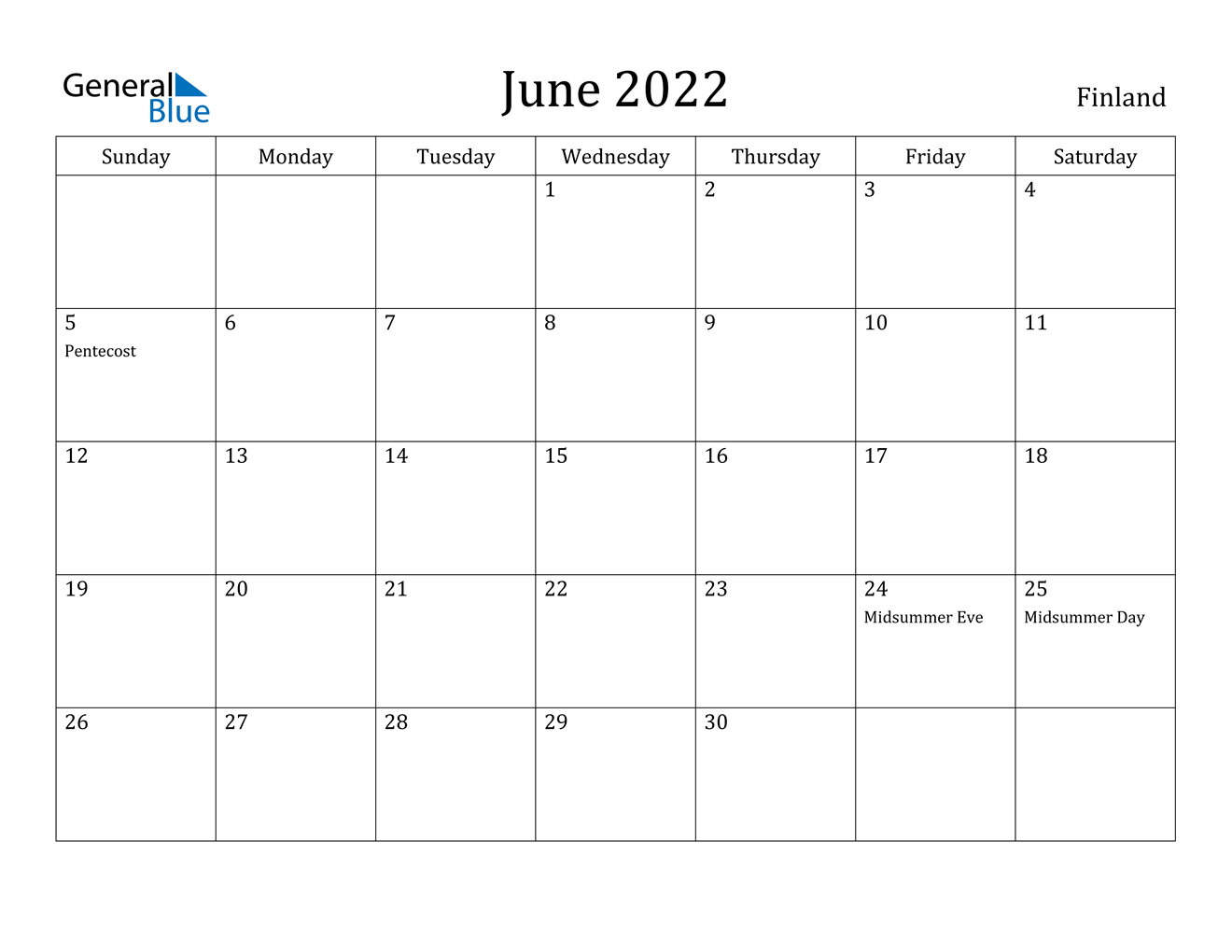 June 2022 Calendar - Finland  January Through June 2022 Calendar