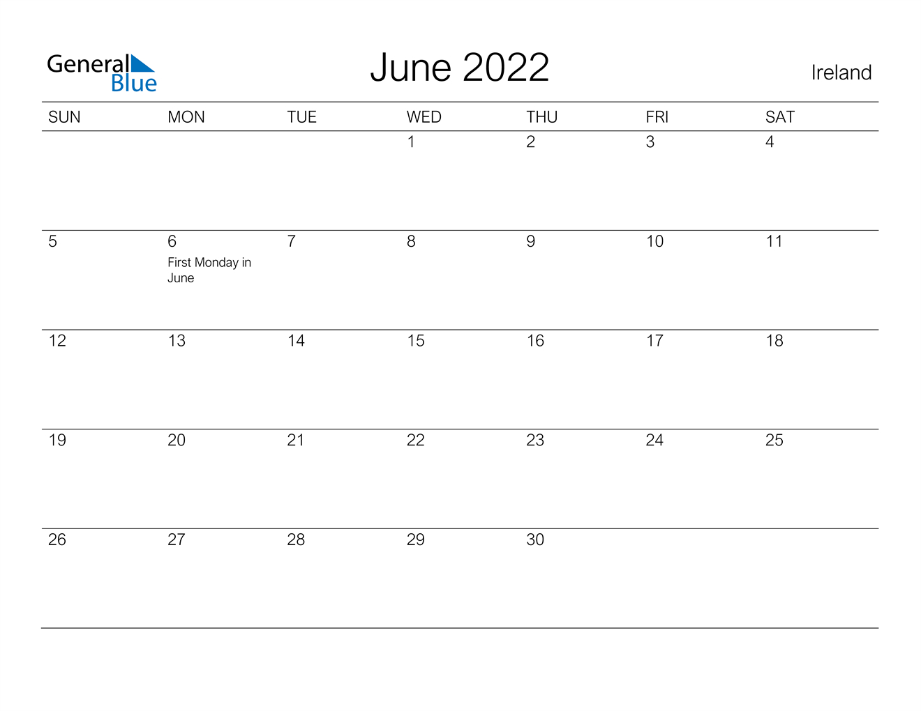 June 2022 Calendar - Ireland  Free Printable Calendar July 2022 To June 2022
