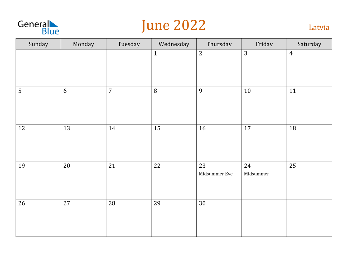 June 2022 Calendar - Latvia  2022 Calendar Printable June