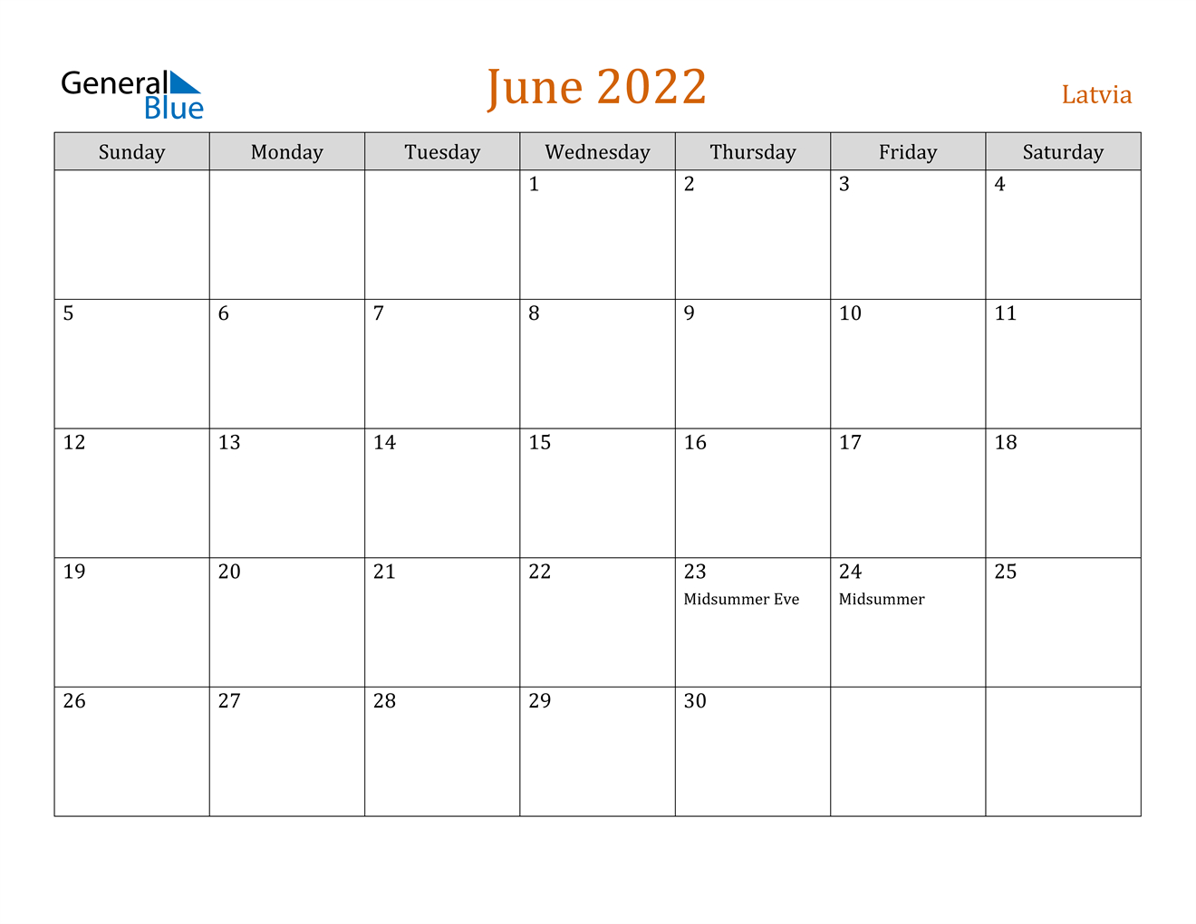 June 2022 Calendar - Latvia  Calendar 2022 January To June