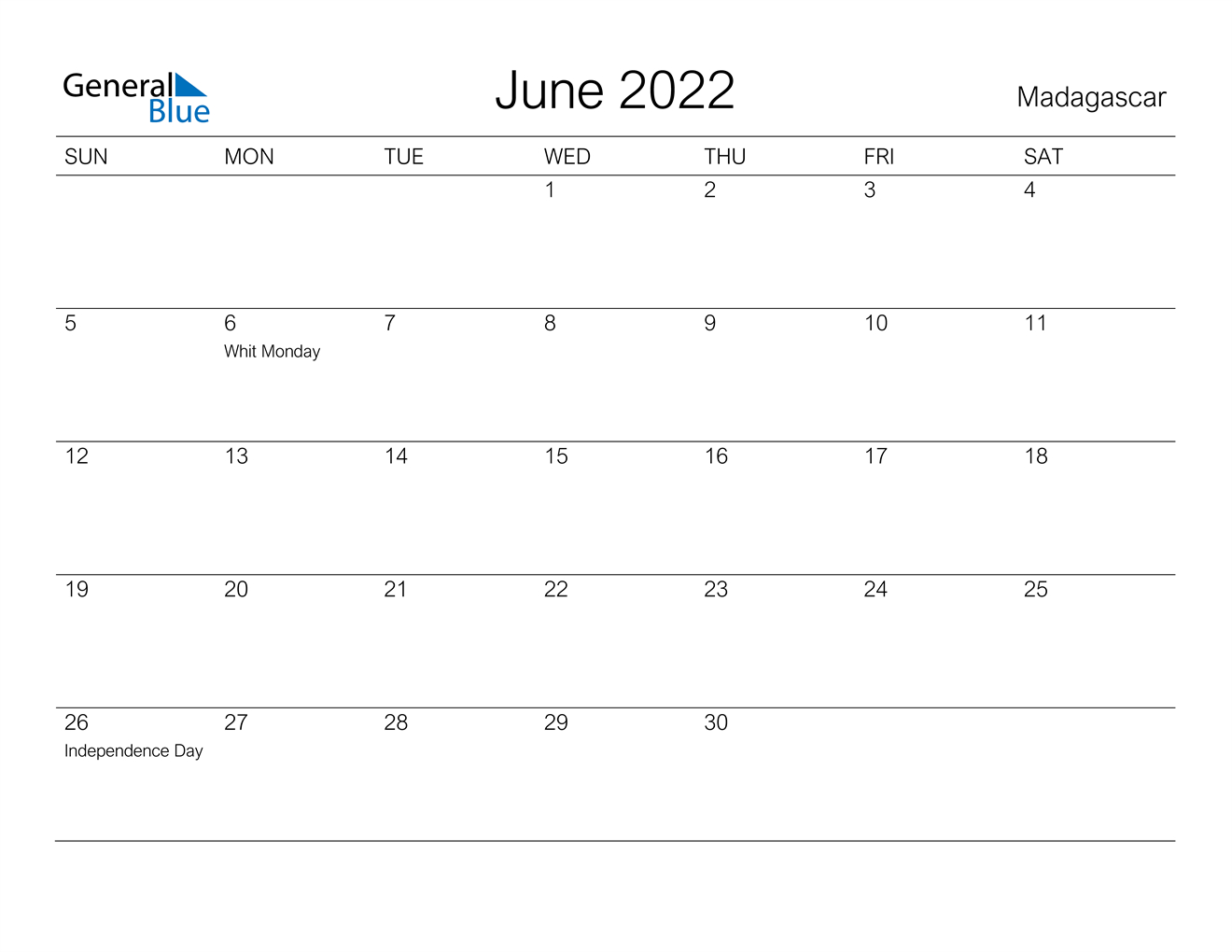 June 2022 Calendar - Madagascar  Calendar Jan 2022 To June 2022