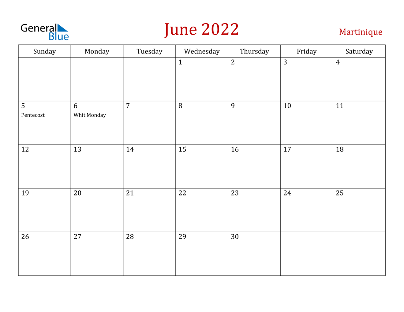 June 2022 Calendar - Martinique  June 2022 Printable Calendar