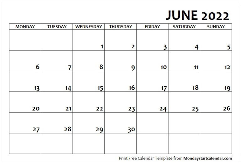 June 2022 Calendar Monday Start | June Month Template  Free Printable Calendar July 2022 To June 2022