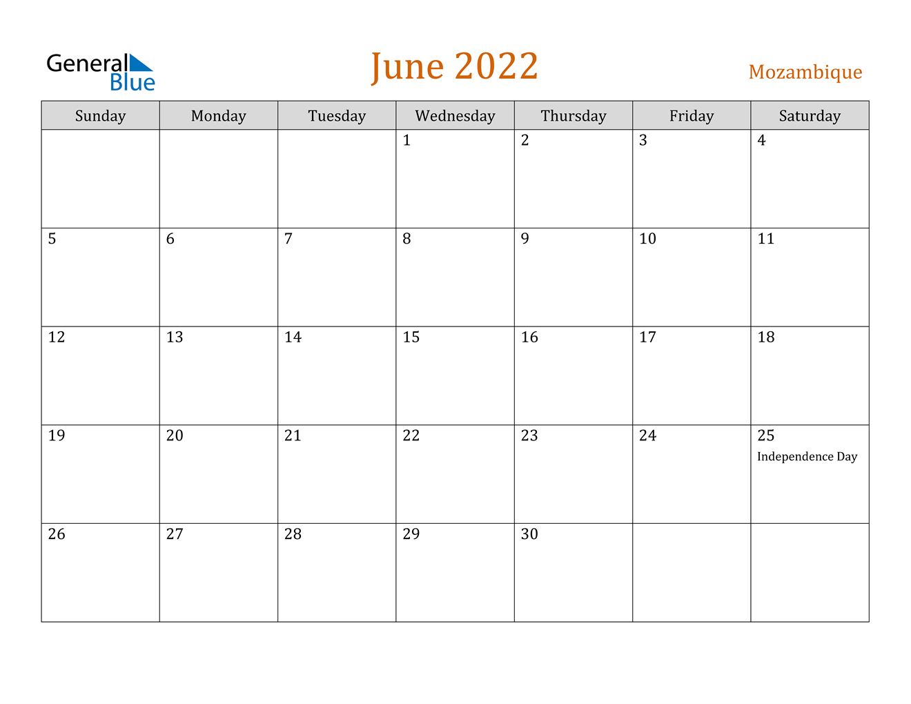 June 2022 Calendar - Mozambique  June Calendar For 2022