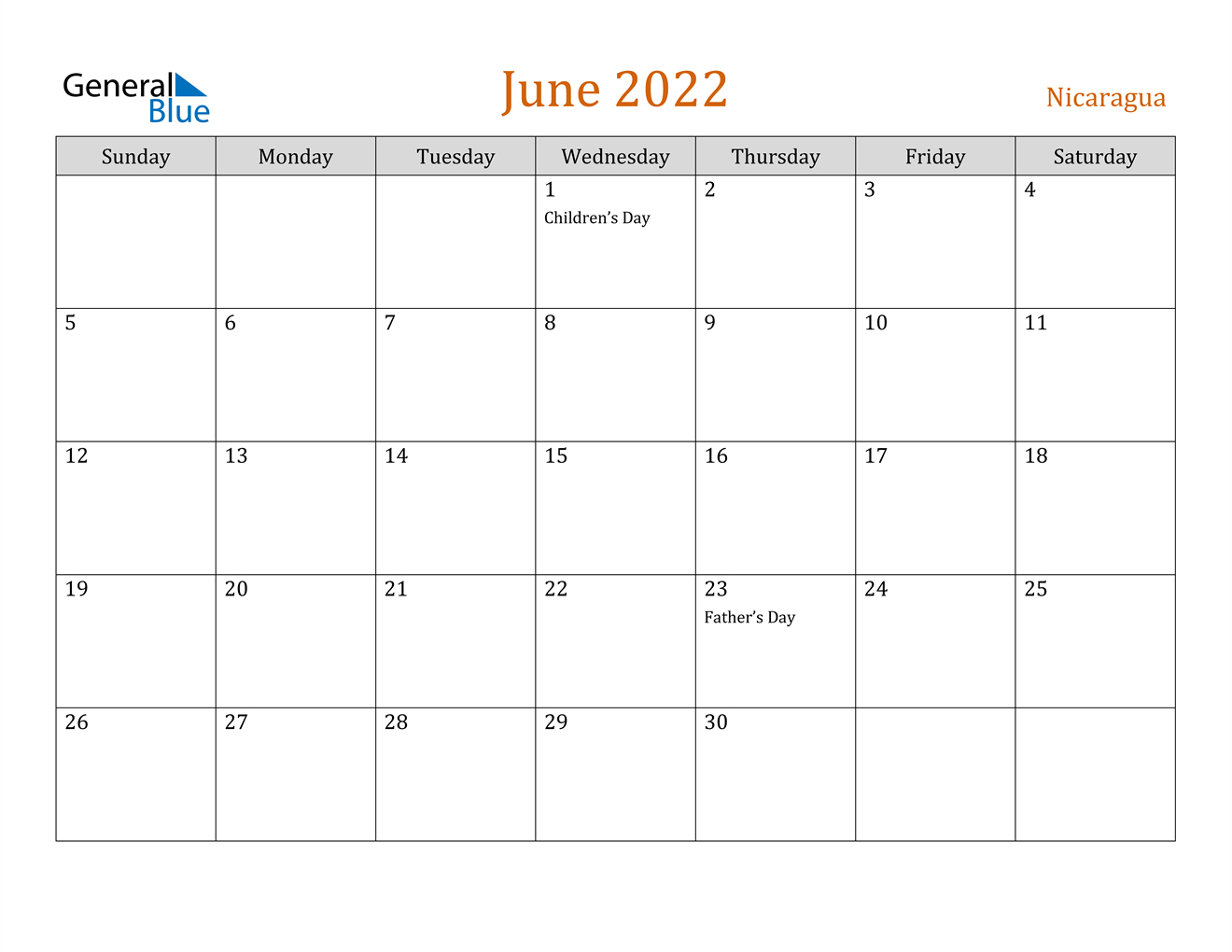 June 2022 Calendar - Nicaragua  June Printable Calendar 2022