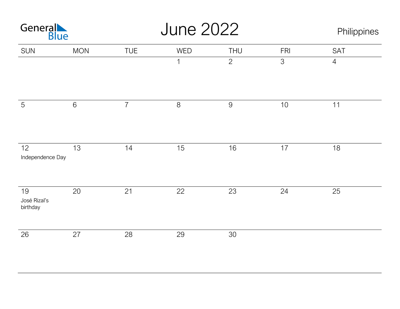 June 2022 Calendar - Philippines  January To June 2022 Calendar
