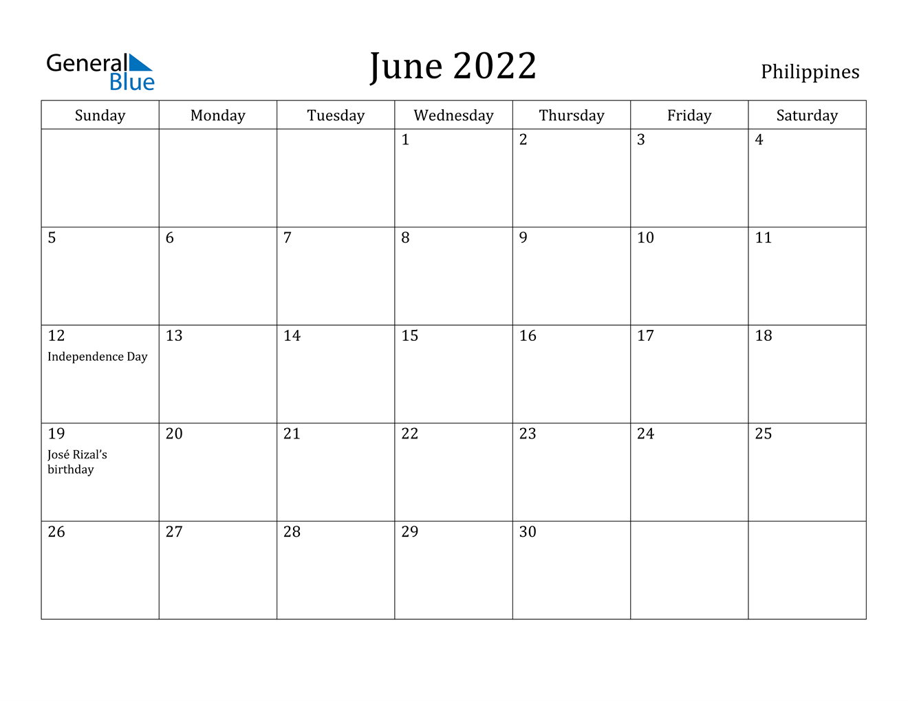 June 2022 Calendar - Philippines  June 2022 Calendar Printable