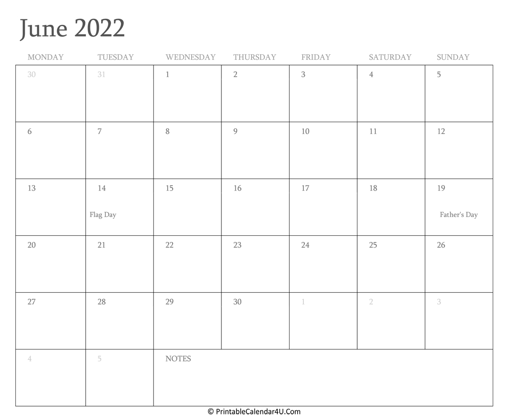 June 2022 Calendar Printable With Holidays  June And July Calendar For 2022