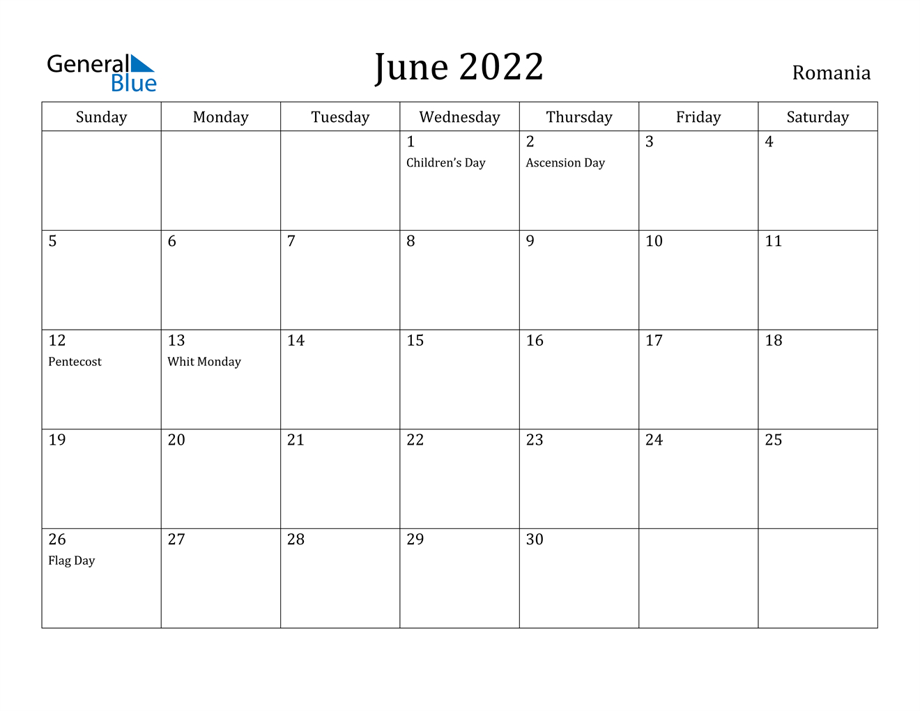 June 2022 Calendar - Romania  Jan To June 2022 Calendar