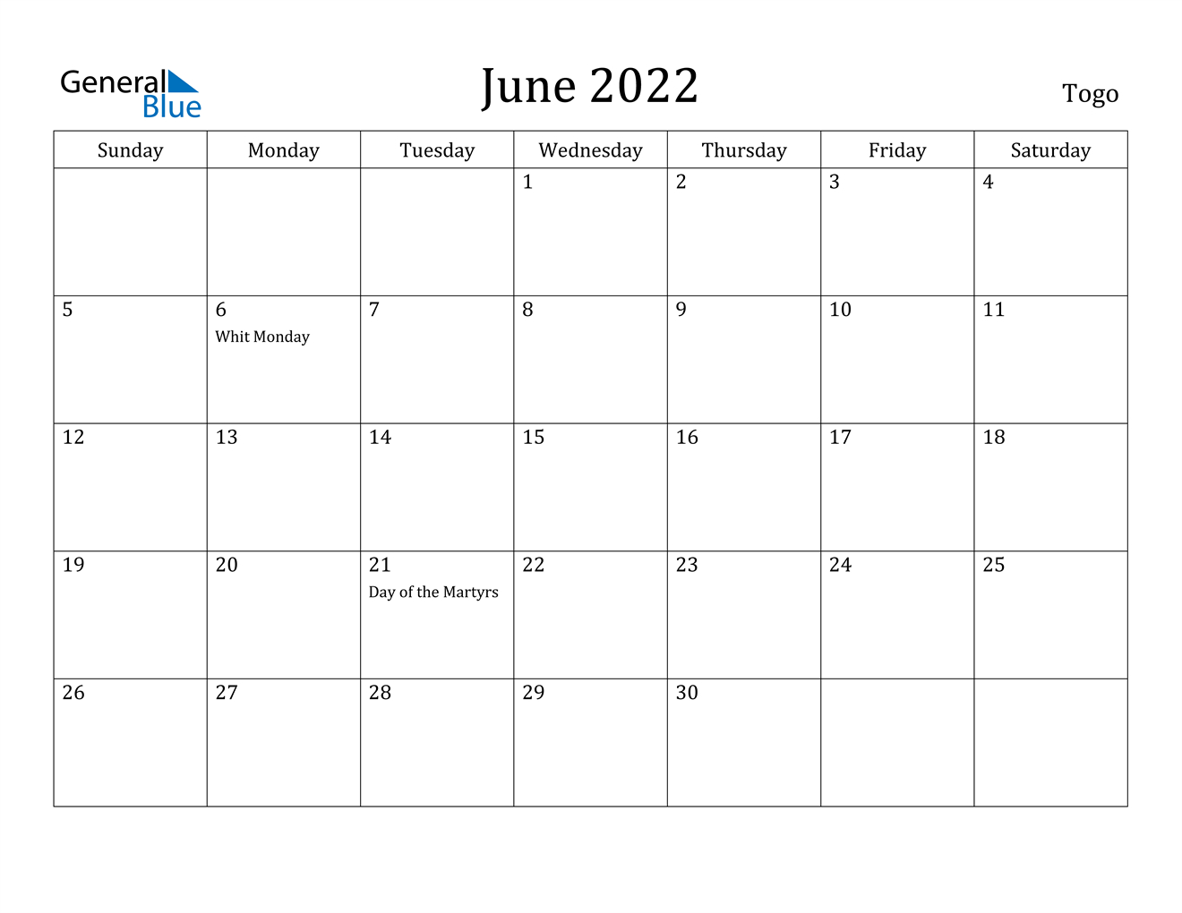 June 2022 Calendar - Togo  Free Printable Calendar 2022 June