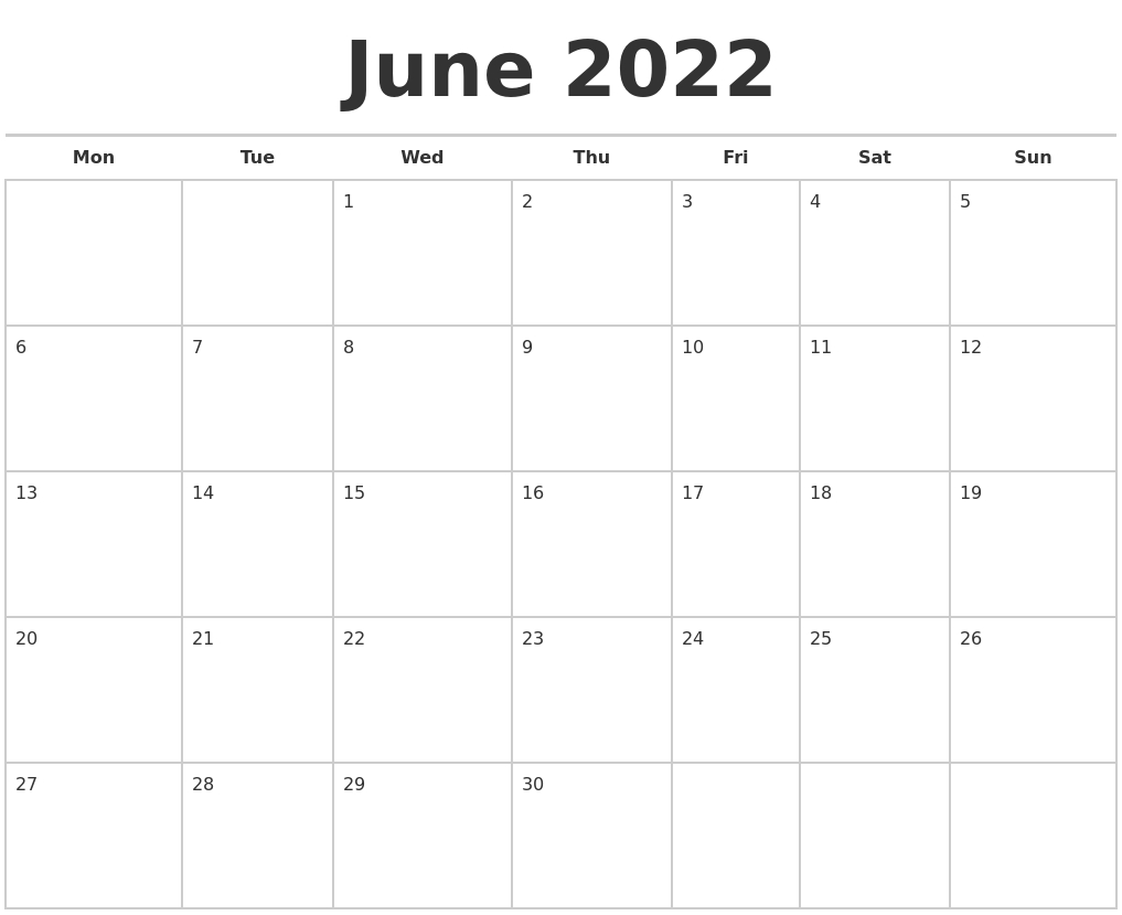 June 2022 Calendars Free  June Calendar For 2022