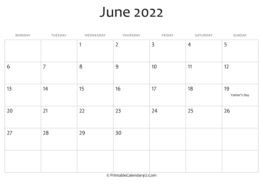 June 2022 Editable Calendar With Holidays  Calendar For June 2022 With Holidays