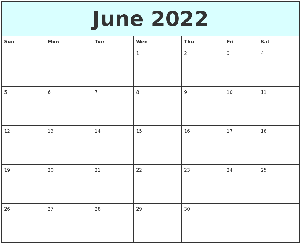 June 2022 Free Calendar  Free Calendar Template June 2022