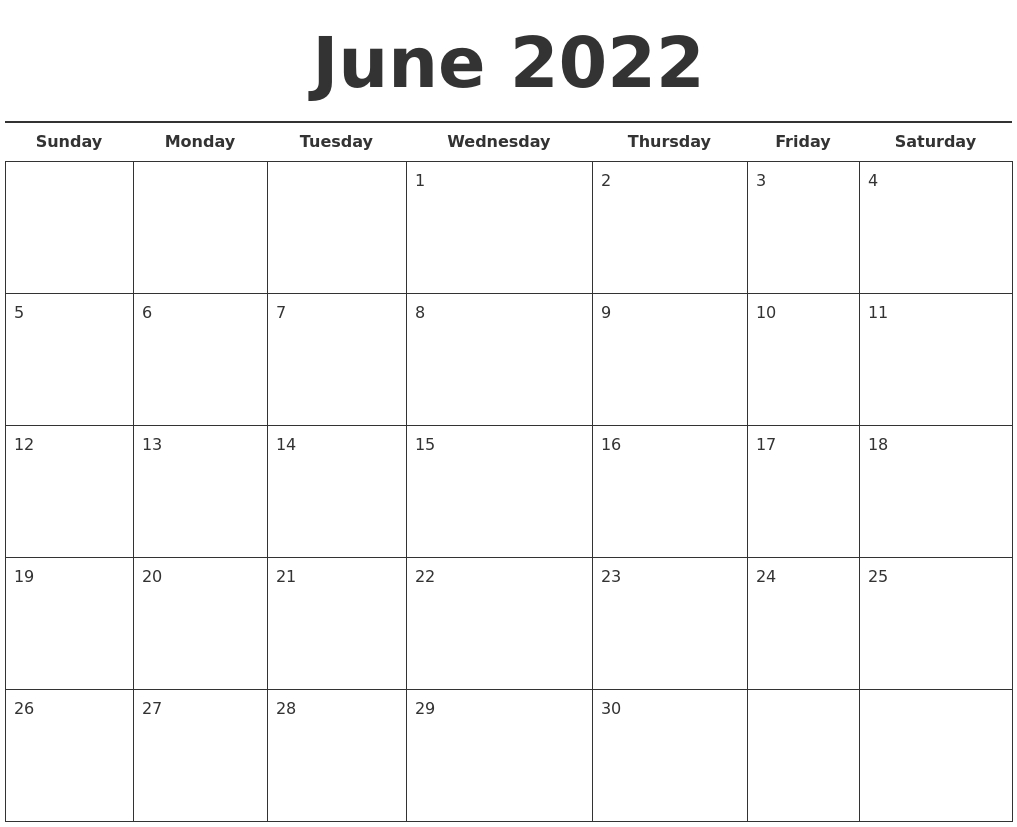 June 2022 Free Calendar Template  Printable Calendar 2022 June