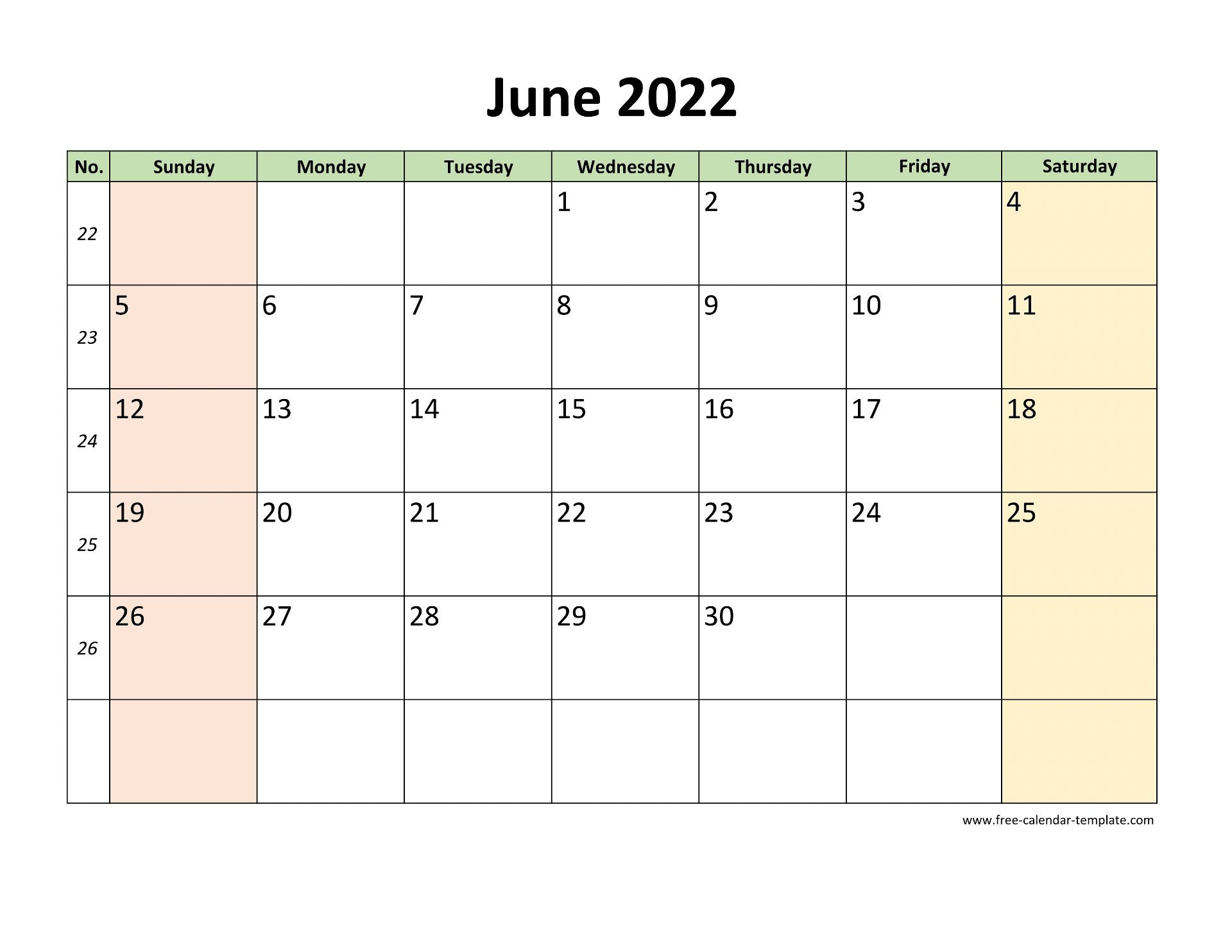 June 2022 Free Calendar Tempplate | Free-Calendar-Template  2022 Calendar January To June