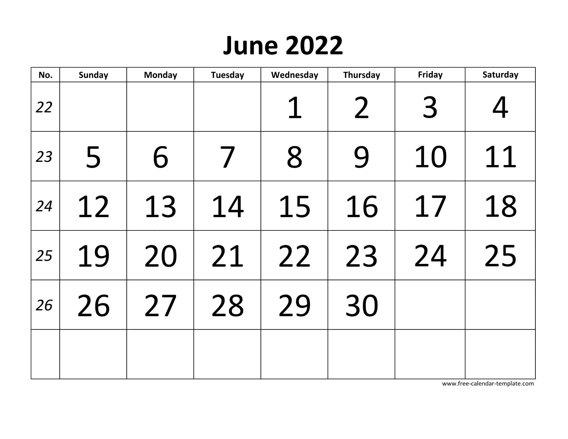 June 2022 Free Calendar Tempplate | Free-Calendar-Template  June Printable Calendar 2022