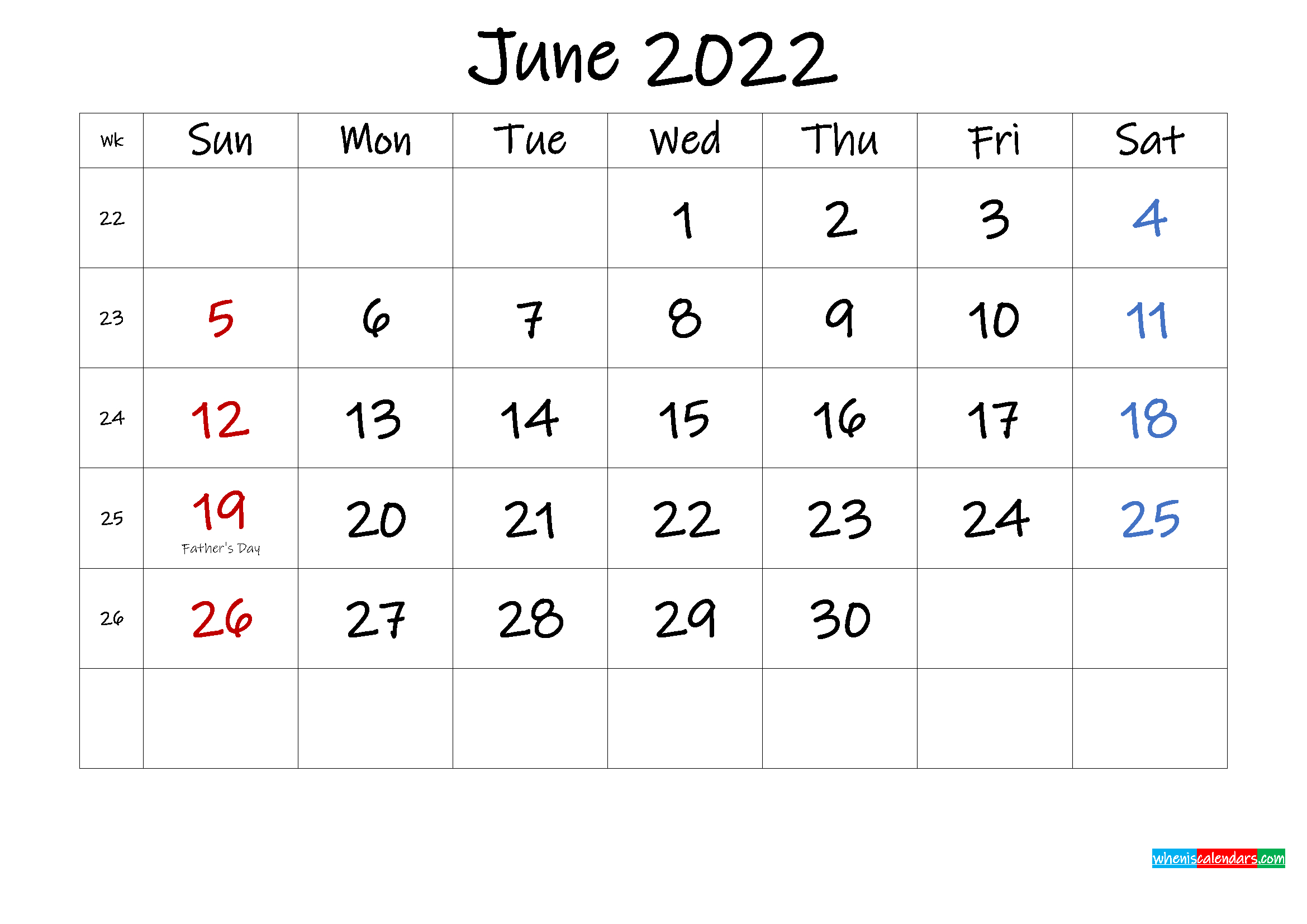 June 2022 Free Printable Calendar With Holidays - Template  Calendar For June 2022 With Holidays