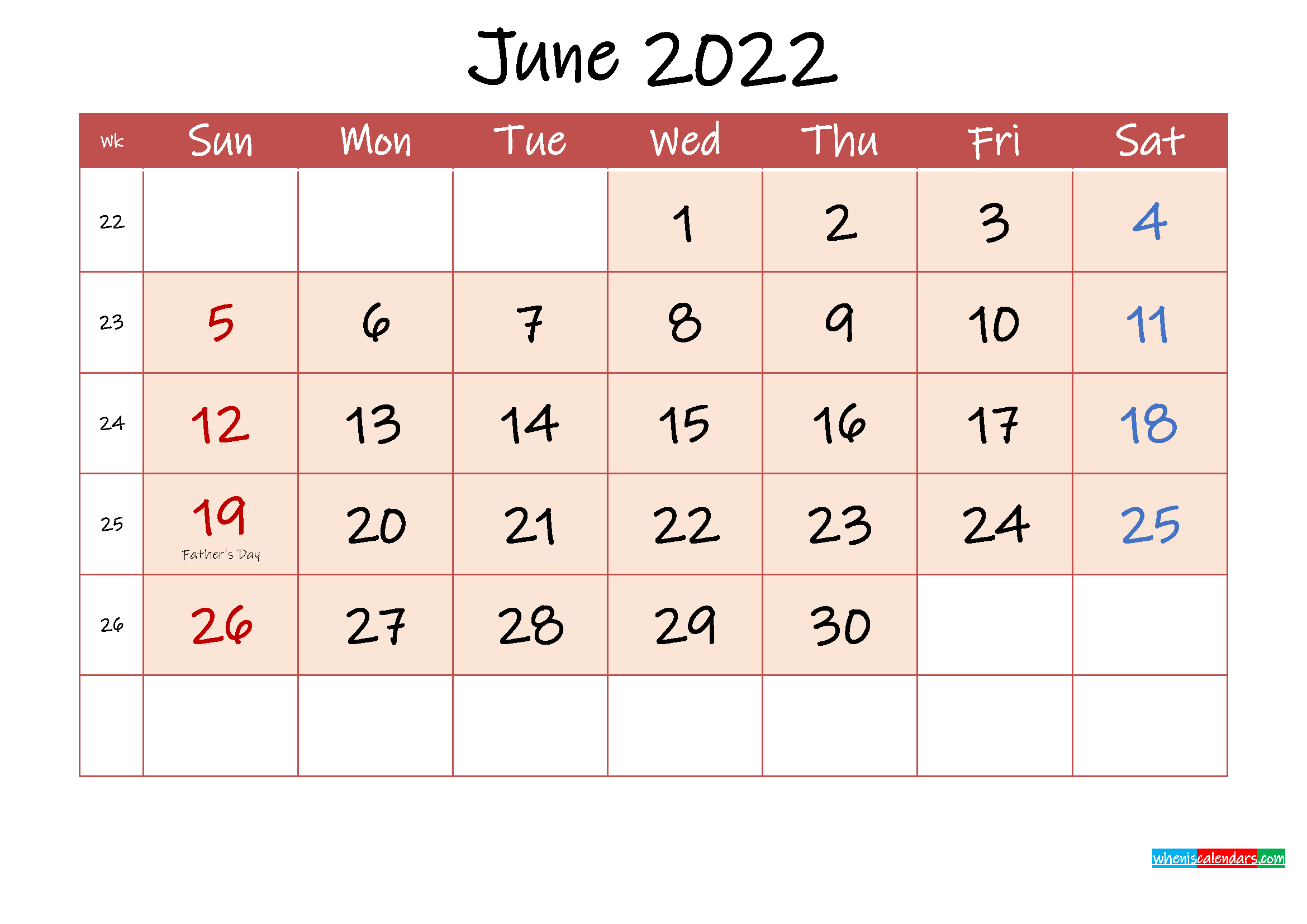 June 2022 Free Printable Calendar With Holidays - Template  Calendar Jan To June 2022