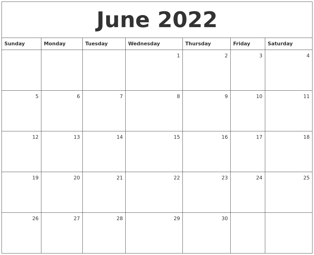 June 2022 Monthly Calendar  Free Printable Calendar July 2022 To June 2022