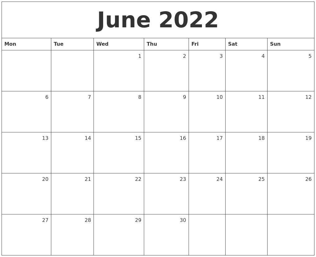 June 2022 Monthly Calendar  Printable Calendar 2022 June